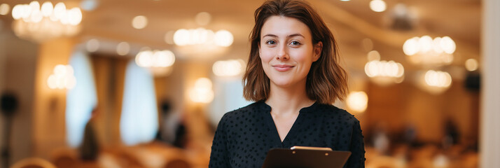 A confident woman stands with a clipboard, ready to engage in her professional duties within a bustling venue, symbolizing leadership and organization in events.