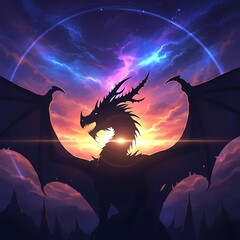 Majestic silhouette of a fierce dragon against a dramatic cosmic sunset sky with lightning strikes