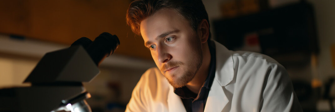 A young scientist meticulously analyzing a specimen under a microscope in a well-lit laboratory, embodying curiosity and dedication to their research study. - Powered by Adobe