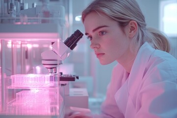 A focused female scientist observes samples through a microscope in a modern laboratory, surrounded by cell cultures glowing under vibrant pink light.