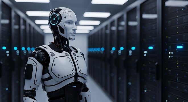 Futuristic humanoid robot standing in a modern data center server room with glowing blue lights - Powered by Adobe
