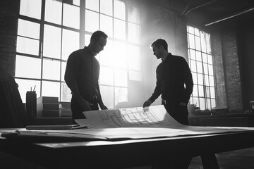 Two architects review blueprints on a large table in a sunlit, industrial-style studio, showcasing intense professional collaboration and planning.