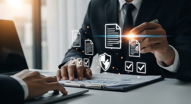 Business professionals reviewing documents and digital icons representing data security compliance and project management tasks