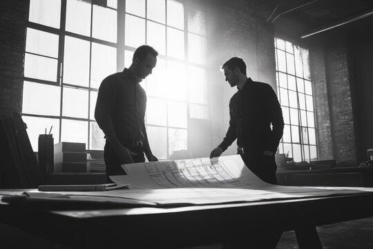 Two architects review blueprints on a large table in a sunlit, industrial-style studio, showcasing intense professional collaboration and planning. - Powered by Adobe