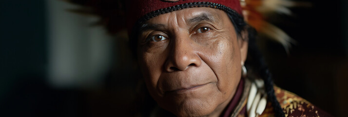 A portrait of an indigenous person wearing traditional attire, reflecting rich cultural heritage, identity, history, and the importance of preserving cultural values.