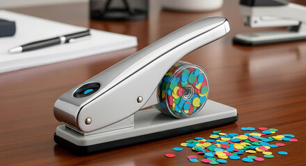 A silver hole puncher with colorful confetti on a wooden desk with office supplies in the background