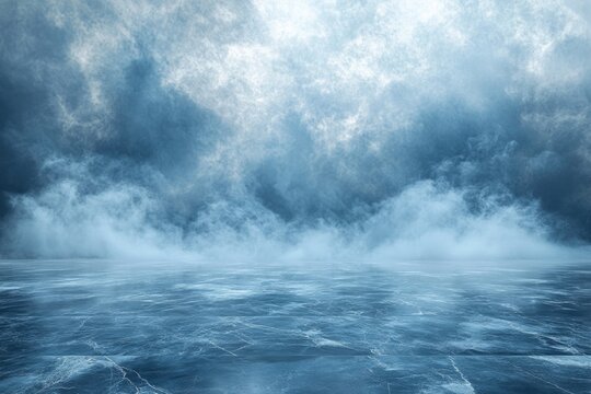 An ethereal scene of a vast, cracked ice surface beneath a dramatic, swirling sky filled with blue and white fog and mist.