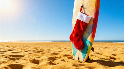 Surfboard with Christmas stocking on sandy beach in summer sun