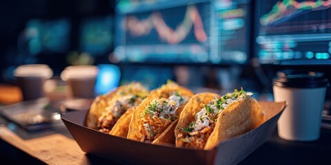 Tacos and Coffee Fueling a Late Night of Stock Trading.