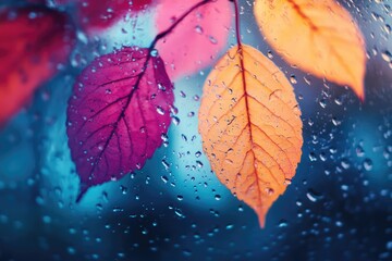 Fototapeta premium Vibrant autumn leaves in shades of purple, orange, and red seen through a rain-covered windowpane, creating a beautiful seasonal blur.