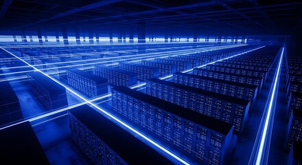 Abstract perspective of a futuristic digital cyberspace with glowing blue neon light lines creating a sense of infinite depth