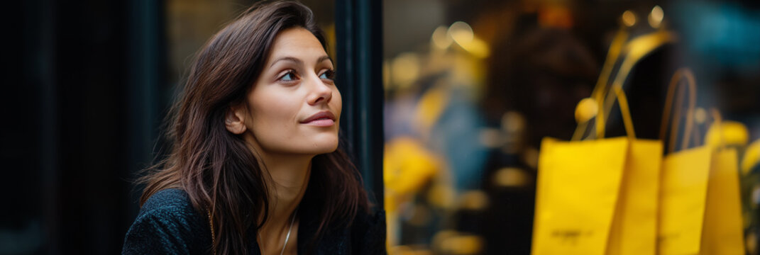 A thoughtful woman gazes into the distance amidst an urban backdrop, capturing a moment of introspection and the complexities of modern life in a bustling city.