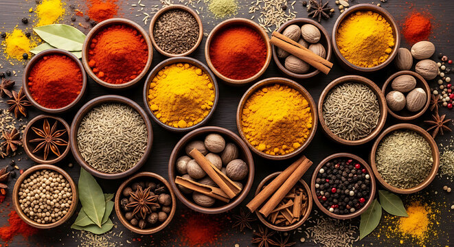 An overhead shot of various spices in wooden bowls arranged on a dark surface with scattered spices
