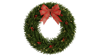 A festive oval shaped christmas wreath adorned with a bright red bow and small red berries illuminated by warm fairy lights isolated on transparent background