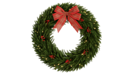 A festive oval shaped christmas wreath adorned with a bright red bow and small red berries illuminated by warm fairy lights isolated on transparent background