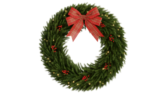 A festive oval shaped christmas wreath adorned with a bright red bow and small red berries illuminated by warm fairy lights isolated on transparent background