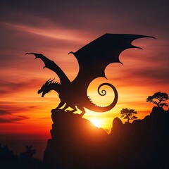Majestic silhouette of a fierce dragon perched on a rocky outcrop against a fiery sunset sky