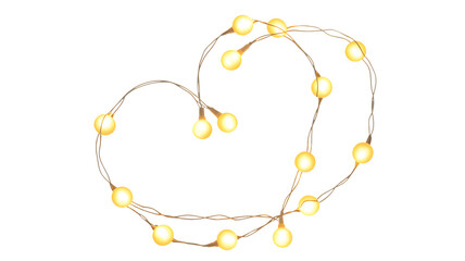 Delicate string of warm white led fairy lights forming a heart shape isolated on transparent background