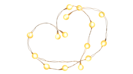 Delicate string of warm white led fairy lights forming a heart shape isolated on transparent background