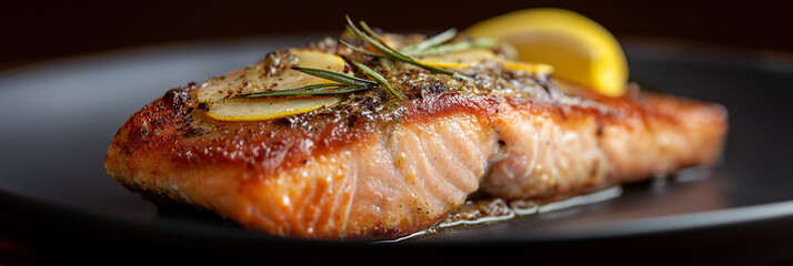 A beautifully plated grilled salmon dish garnished with lemon slices showcases culinary artistry, emphasizing the appeal of fresh, healthy seafood in gastronomy.