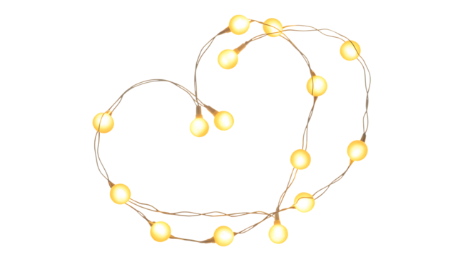 Delicate string of warm white led fairy lights forming a heart shape isolated on transparent background