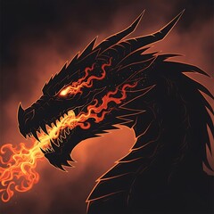 Fierce black dragon head silhouette breathing fiery flames with glowing orange eyes in dark atmosphere