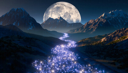 Magical River of Stars Flowing Through Mountain Valley Under Giant Moon