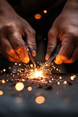 Skilled hands create sparks while welding metal in a workshop during daylight hours