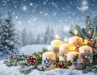 Pinecone and Ribbon Candles in a Snowy Scene
