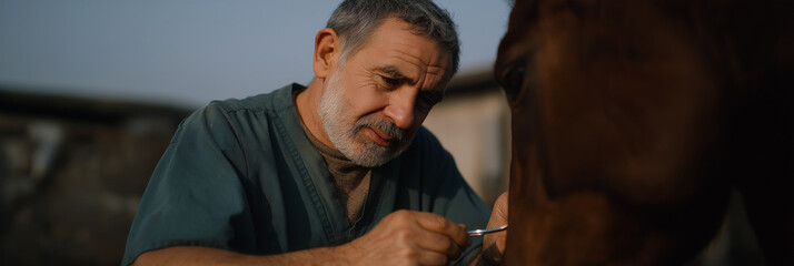A dedicated veterinarian is providing care to a horse, highlighting the bond between humans and animals in an outdoor setting with soft evening light.