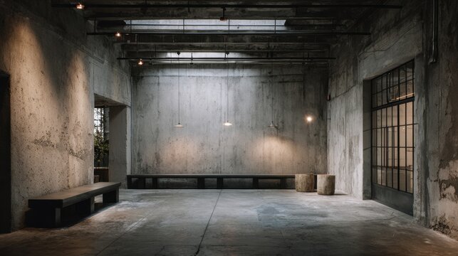 A stark industrial space showcases concrete walls and soft lighting creating an inspiring atmosphere.