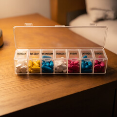 Pill organizer box with labeled days on wooden table