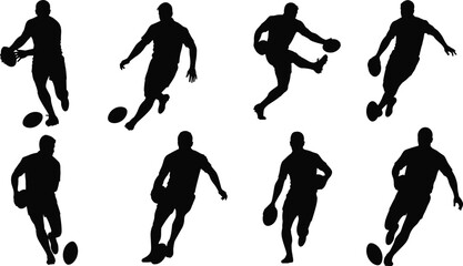 Rugby players silhouette, dynamic action poses, running athlete, passing ball, kicking motion, sports illustration, competition artwork, teamwork concept, vector design, athletic movement