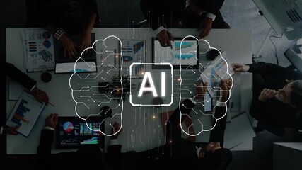 A diverse team collaborates on an AI-centered project, surrounded by data charts and digital interfaces, embodying innovation and strategic thinking in a modern workspace. Raster - Powered by Adobe