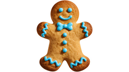 A single festive gingerbread man cookie with blue icing details isolated on transparent background