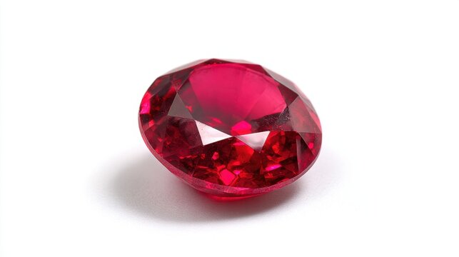 A large red gemstone rests on a smooth surface catching the light and revealing its vibrant color.