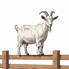 Goat standing on a wooden fence on a white background, copy space