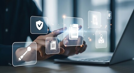 Person interacting with digital documents and security icons on a futuristic holographic interface displaying data management and compliance concepts