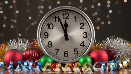 Clock showing midnight surrounded by festive decorations and light reflections