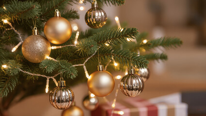 Close-up of a decorated Christmas tree branch with golden baubles and fairy lights, blurred background