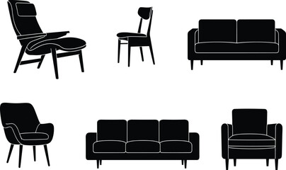 Silhouette furniture collection, modern sofa design, armchair illustration, lounge chair vector, dining chair graphic, interior seating set, contemporary home decor
