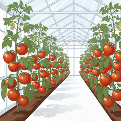 Greenhouse tomato rows with ripe tomatoes and green plants