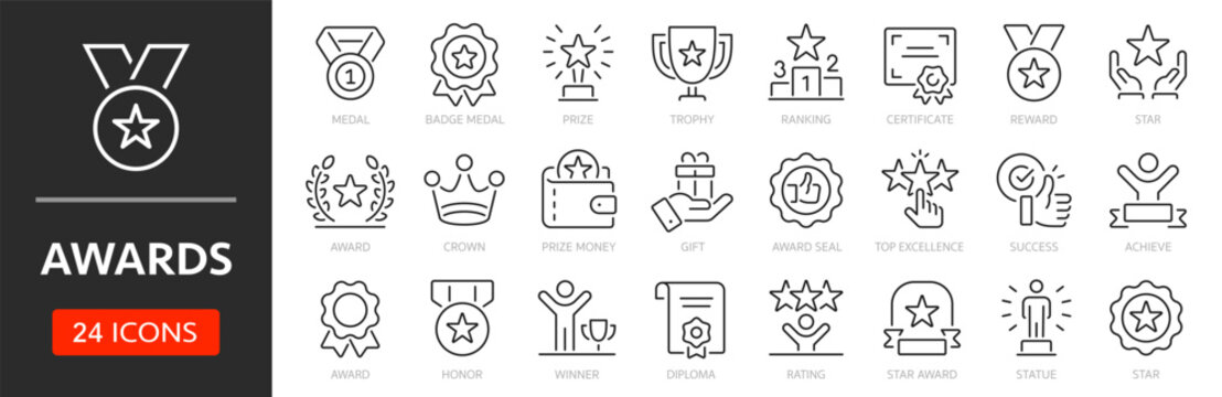 Awards line icon set. Editable Stroke. Reward, trophy, badge, medal - stock vector.