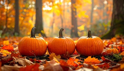 Three Pumpkins in Autumn Forest - A Seasonal Display.