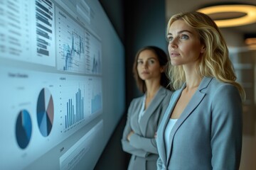 Two businesswomen analyze a large digital screen displaying data visualizations, charts, and graphs, focused on strategic insights in a modern corporate setting.