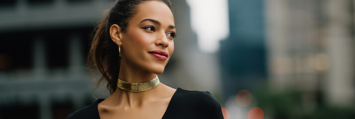 A poised woman stands in a cityscape, highlighting her chic style with a statement choker, embodying confidence and modern elegance in a dynamic urban environment.