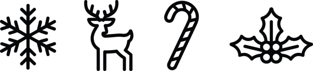 Fototapeta premium Simple line art depicting winter holiday icons snowflake deer candy holly