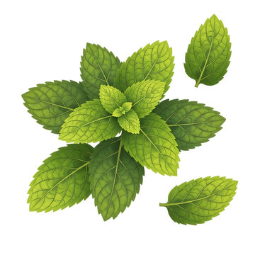 A detailed illustration showcases a vibrant green mint sprig and scattered leaves against a stark black background