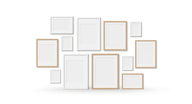 A modern composition of multiple blank picture frames, featuring varied sizes and materials like white and natural wood, artfully arranged on a clean wall for displaying artwork or photographs