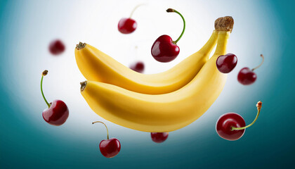 Floating Banana and Cherry Composition